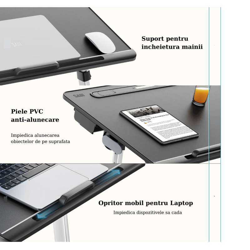 Laptop, Telefoane si Tablete - Laptopuri si accesorii - Accesorii Laptop - Standuri/Coolere notebook - Masuta Laptop Multifunctionala Saiji, 600mm x 450mm, 4 Unghiuri de Reglare Suprafata, 5 Nivele de Inaltime Reglabile - Infinity.ro