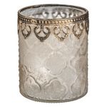 Casa si Gradina - Decoratiuni - Aromaterapie si lumanari - Suporturi lumanari - Suport lumanare, model romburi, margine metalizata, sticla frosty, diametru 9 x 12cm, transparent si bronz - Infinity.ro