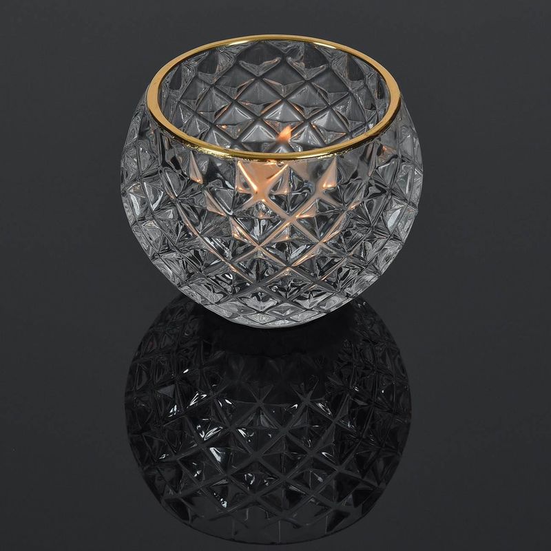 Casa si Gradina - Decoratiuni - Aromaterapie si lumanari - Suporturi lumanari - Suport lumanare, diamond, sticla transparenta, margine aurie, diametru 7.8 cm, inaltime 6.3 cm - Infinity.ro