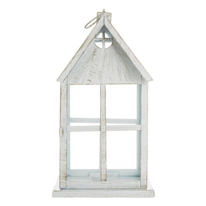 Casa si Gradina - Corpuri si surse de iluminat - Iluminat exterior - Felinare - Felinar decorativ, model casa, metalic, culoare alb auriu brushed, dimensiuni 16 x 16 x 30cm - Infinity.ro