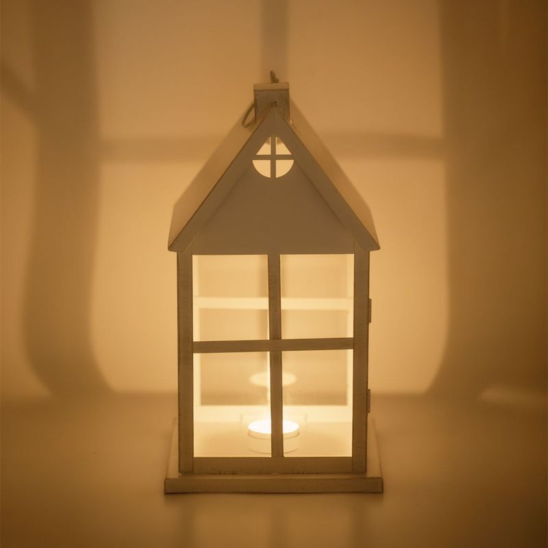 Casa si Gradina - Corpuri si surse de iluminat - Iluminat exterior - Felinare - Felinar decorativ, model casa, metalic, culoare alb auriu brushed, dimensiuni 16 x 16 x 30cm - Infinity.ro