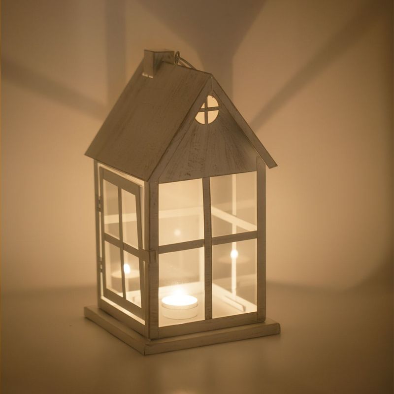 Casa si Gradina - Corpuri si surse de iluminat - Iluminat exterior - Felinare - Felinar decorativ, model casa, metalic, culoare alb auriu brushed, dimensiuni 16 x 16 x 30cm - Infinity.ro