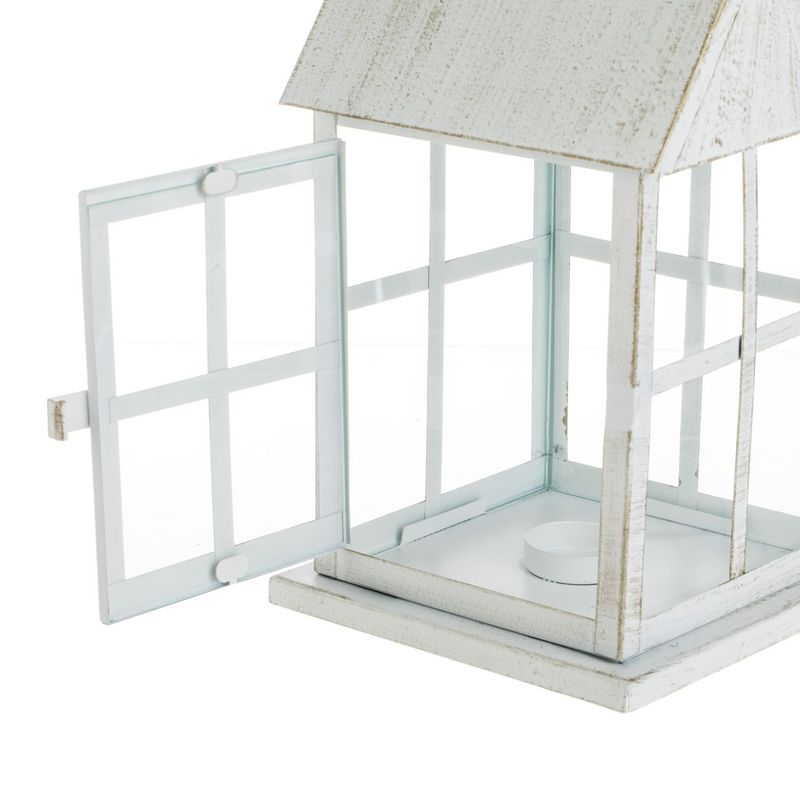 Casa si Gradina - Corpuri si surse de iluminat - Iluminat exterior - Felinare - Felinar decorativ, model casa, metalic, culoare alb auriu brushed, dimensiuni 16 x 16 x 30cm - Infinity.ro