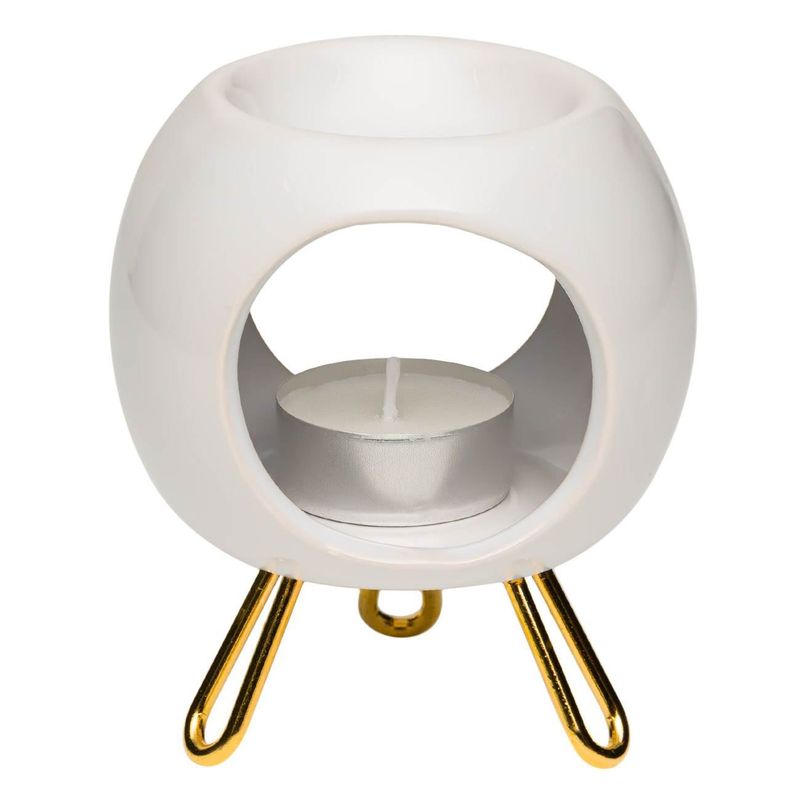 Casa si Gradina - Decoratiuni - Aromaterapie si lumanari - Suporturi lumanari - Suport ulei parfumat ceramic, alb, picioruse aurii, diametru 8.5 cm, inaltime 11 cm - Infinity.ro