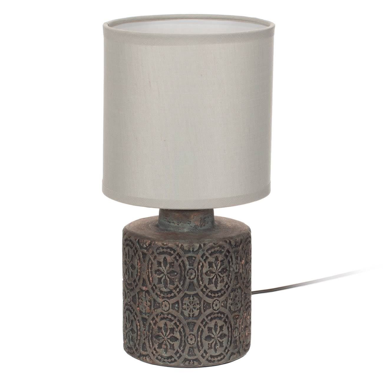 Veioza ceramica, model baza gri reliefat, abajur gri, 13 x 26cm, cablu 115cm, intrerupator 32cm, bec e14 (max 40w)