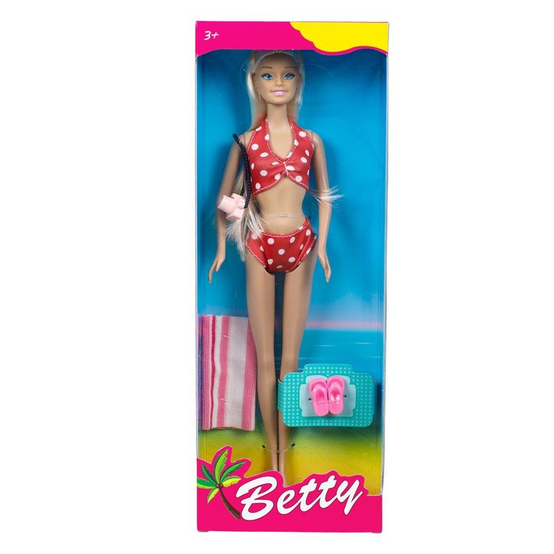 Jucarii, Copii si Bebe - Jucarii si jocuri - Papusi si accesorii - Papusi - Papusa manechin, betty, 30cm, costum de baie rosu cu buline, ochelari fucsia, prosop dungi, slapi roz, set 4 accesorii - Infinity.ro
