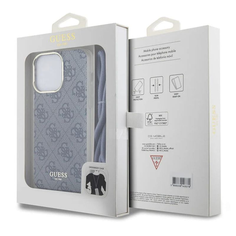 Laptop, Telefoane si Tablete - Telefoane mobile si accesorii - Accesorii Telefoane - Huse telefoane - Husa pentru iPhone 15 Pro - Guess Crossbody Cord 4G Print (GUHCP15LHC4SEB) - Albastru - Infinity.ro