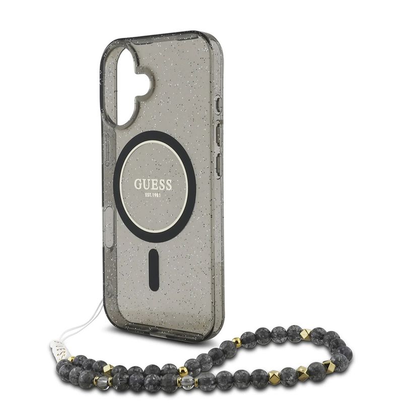 Laptop, Telefoane si Tablete - Telefoane mobile si accesorii - Accesorii Telefoane - Huse telefoane - Husa pentru iPhone 16 - Guess IML Glitter cu Pearl Strap MagSafe (GUHMP16SHGCRELSK) - Negru - Infinity.ro