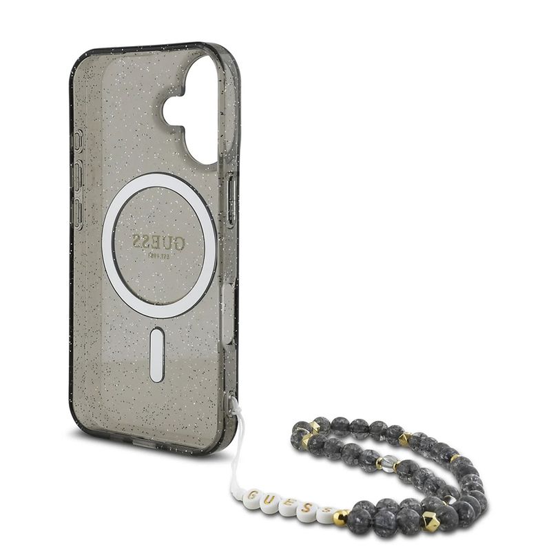 Laptop, Telefoane si Tablete - Telefoane mobile si accesorii - Accesorii Telefoane - Huse telefoane - Husa pentru iPhone 16 - Guess IML Glitter cu Pearl Strap MagSafe (GUHMP16SHGCRELSK) - Negru - Infinity.ro