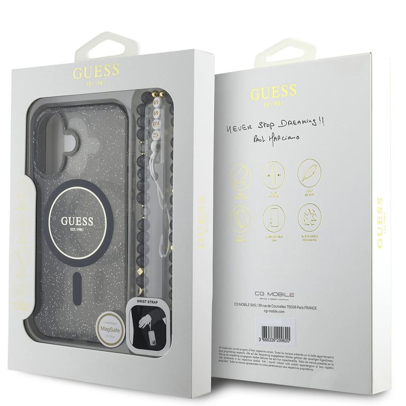 Laptop, Telefoane si Tablete - Telefoane mobile si accesorii - Accesorii Telefoane - Huse telefoane - Husa pentru iPhone 16 - Guess IML Glitter cu Pearl Strap MagSafe (GUHMP16SHGCRELSK) - Negru - Infinity.ro