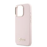 Laptop, Telefoane si Tablete - Telefoane mobile si accesorii - Accesorii Telefoane - Huse telefoane - Husa pentru iPhone 16 Pro - Guess Silicone Script Metal Logo & Frame (GUHCP16LSMBSLP) - Roz - Infinity.ro