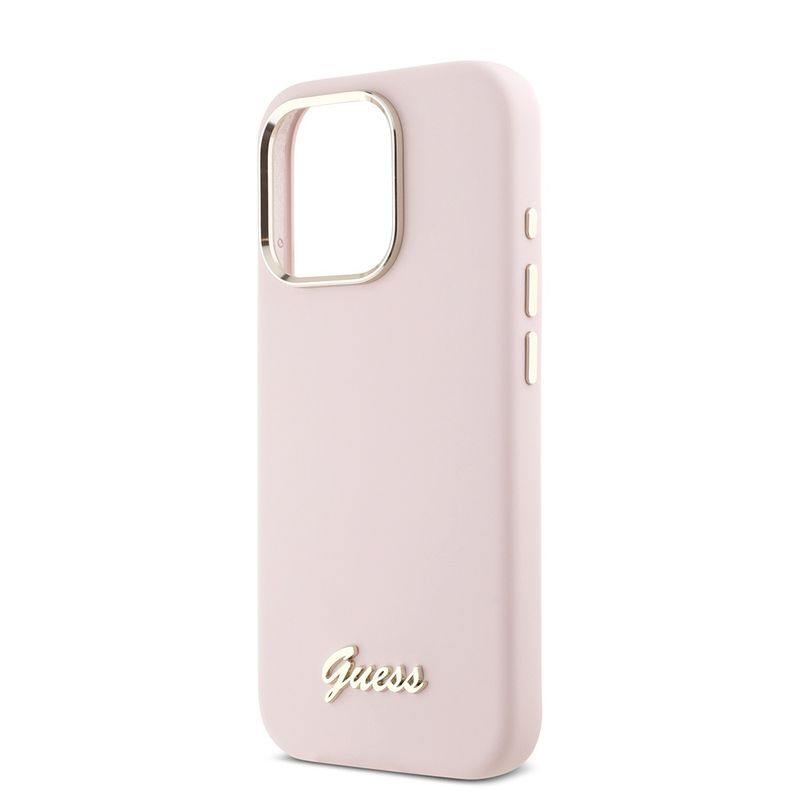 Laptop, Telefoane si Tablete - Telefoane mobile si accesorii - Accesorii Telefoane - Huse telefoane - Husa pentru iPhone 16 Pro - Guess Silicone Script Metal Logo & Frame (GUHCP16LSMBSLP) - Roz - Infinity.ro