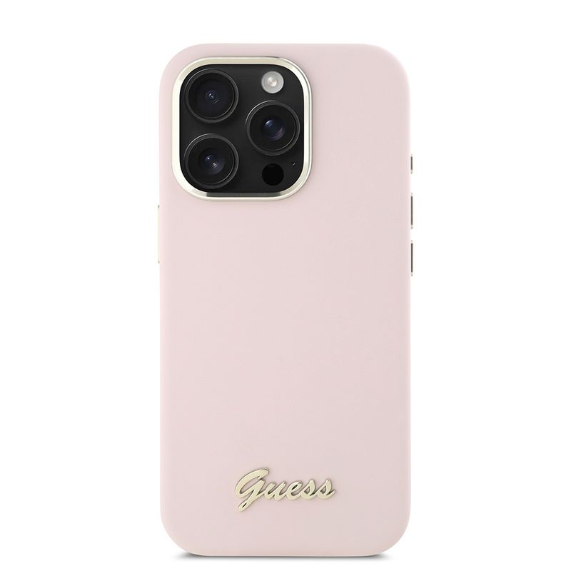 Laptop, Telefoane si Tablete - Telefoane mobile si accesorii - Accesorii Telefoane - Huse telefoane - Husa pentru iPhone 16 Pro - Guess Silicone Script Metal Logo & Frame (GUHCP16LSMBSLP) - Roz - Infinity.ro