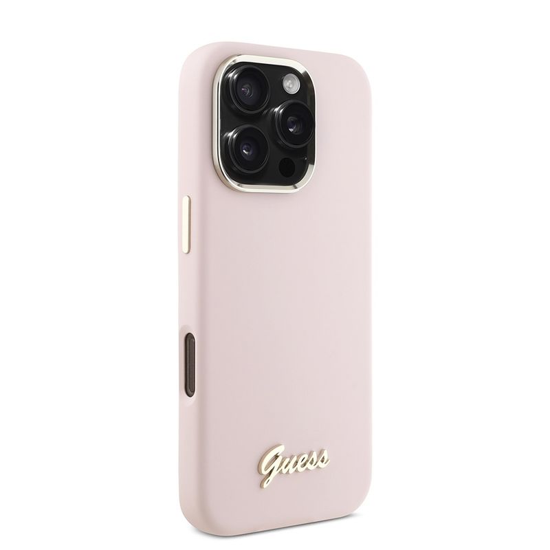 Laptop, Telefoane si Tablete - Telefoane mobile si accesorii - Accesorii Telefoane - Huse telefoane - Husa pentru iPhone 16 Pro - Guess Silicone Script Metal Logo & Frame (GUHCP16LSMBSLP) - Roz - Infinity.ro