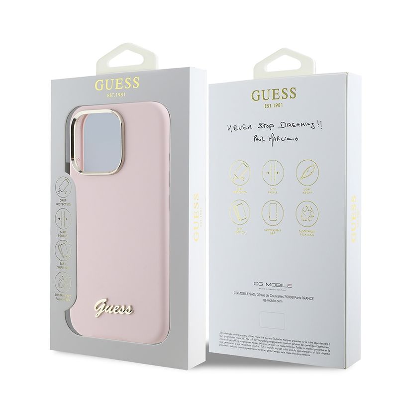 Laptop, Telefoane si Tablete - Telefoane mobile si accesorii - Accesorii Telefoane - Huse telefoane - Husa pentru iPhone 16 Pro - Guess Silicone Script Metal Logo & Frame (GUHCP16LSMBSLP) - Roz - Infinity.ro