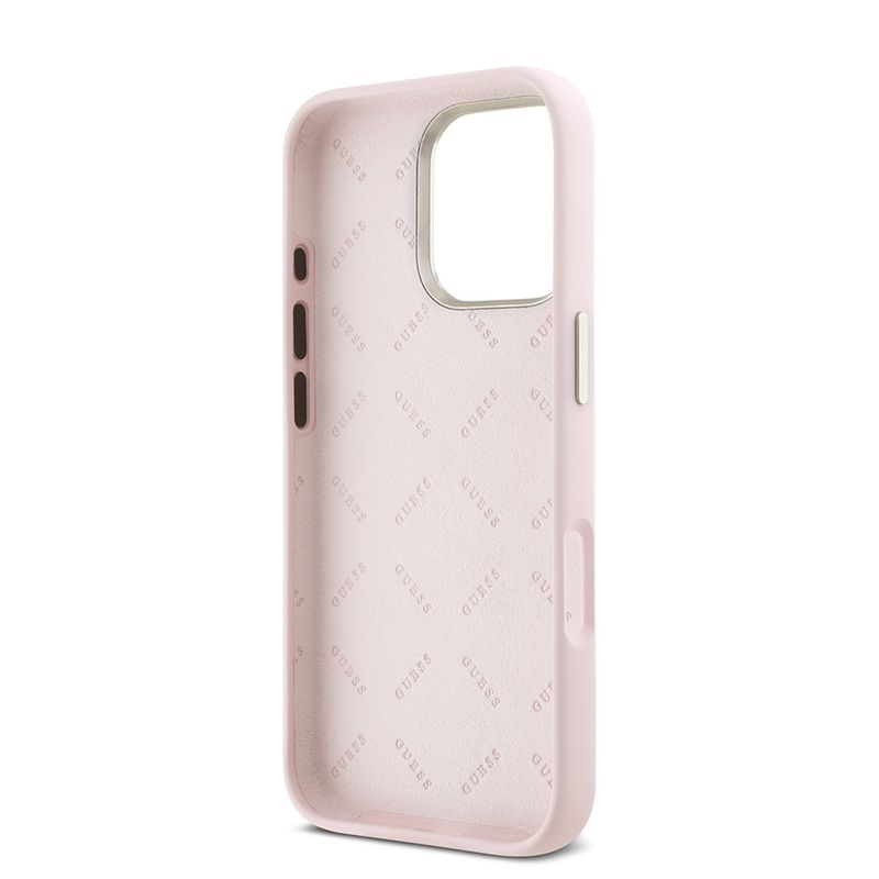 Laptop, Telefoane si Tablete - Telefoane mobile si accesorii - Accesorii Telefoane - Huse telefoane - Husa pentru iPhone 16 Pro - Guess Silicone Script Metal Logo & Frame (GUHCP16LSMBSLP) - Roz - Infinity.ro