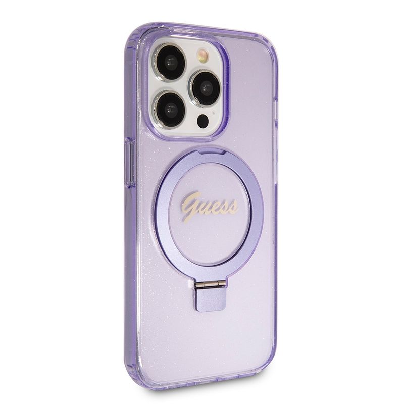 Laptop, Telefoane si Tablete - Telefoane mobile si accesorii - Accesorii Telefoane - Huse telefoane - Husa pentru iPhone 15 Pro - Guess Ring Stand Script Glitter MagSafe (GUHMP15LHRSGSU) - Mov - Infinity.ro