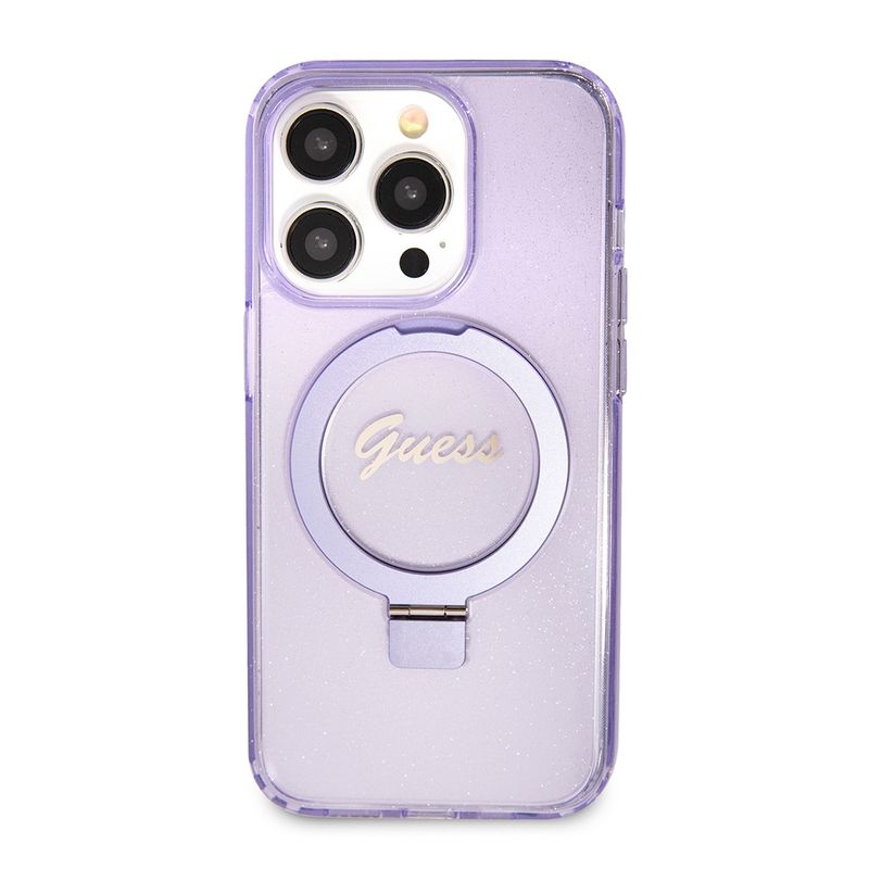 Laptop, Telefoane si Tablete - Telefoane mobile si accesorii - Accesorii Telefoane - Huse telefoane - Husa pentru iPhone 15 Pro - Guess Ring Stand Script Glitter MagSafe (GUHMP15LHRSGSU) - Mov - Infinity.ro