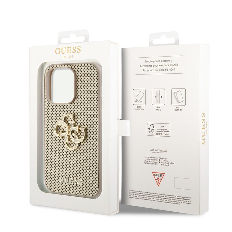 Laptop, Telefoane si Tablete - Telefoane mobile si accesorii - Accesorii Telefoane - Huse telefoane - Husa pentru iPhone 15 Pro - Guess Leather Perpentruated 4G (GUHCP15LPSP4LGD) - Auriu - Infinity.ro