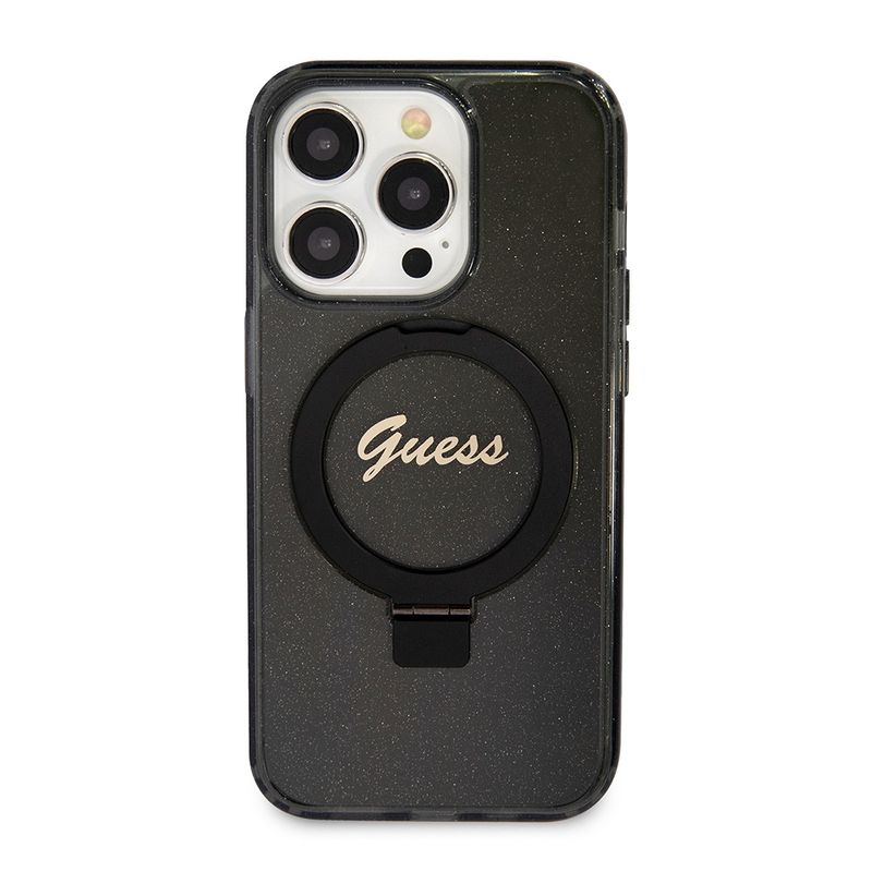 Laptop, Telefoane si Tablete - Telefoane mobile si accesorii - Accesorii Telefoane - Huse telefoane - Husa pentru iPhone 15 Pro - Guess Ring Stand Script Glitter MagSafe (GUHMP15LHRSGSK) - Negru - Infinity.ro
