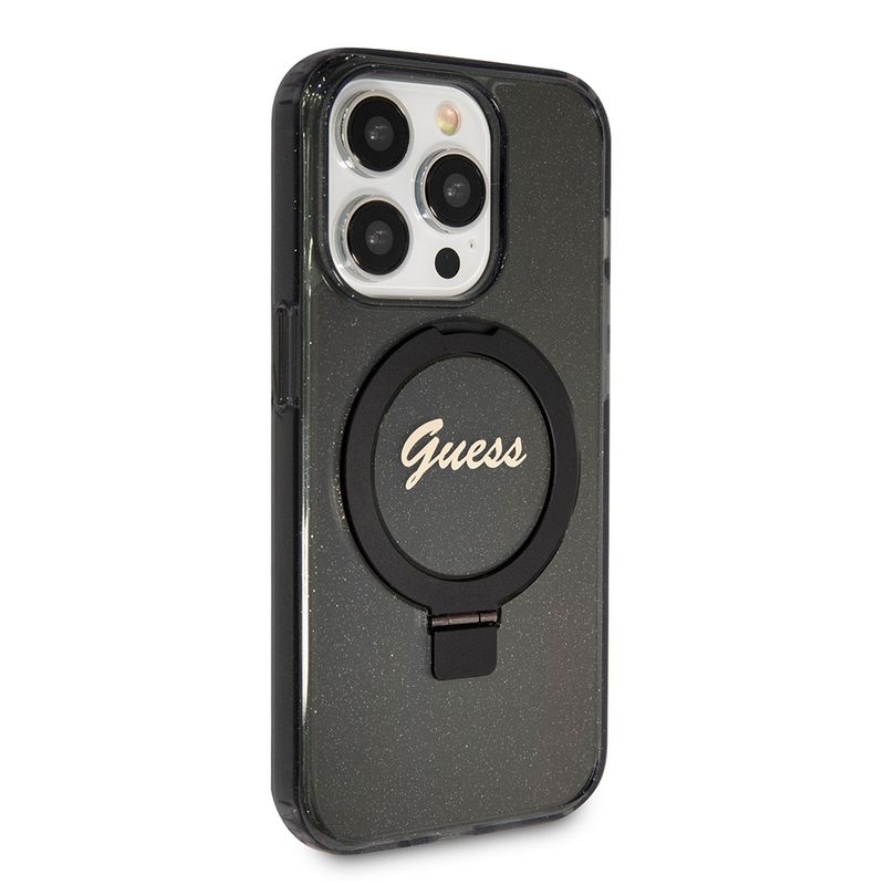Laptop, Telefoane si Tablete - Telefoane mobile si accesorii - Accesorii Telefoane - Huse telefoane - Husa pentru iPhone 15 Pro - Guess Ring Stand Script Glitter MagSafe (GUHMP15LHRSGSK) - Negru - Infinity.ro