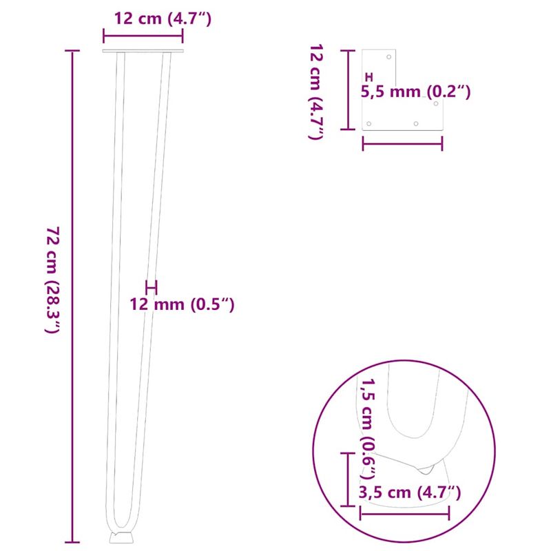 Casa si Gradina - Mobilier - Feronerie si accesorii mobila - Picioare de masa in ac de par 4 buc Otel natural Otel solid, model 2 rods, mărime 72 cm - Infinity.ro