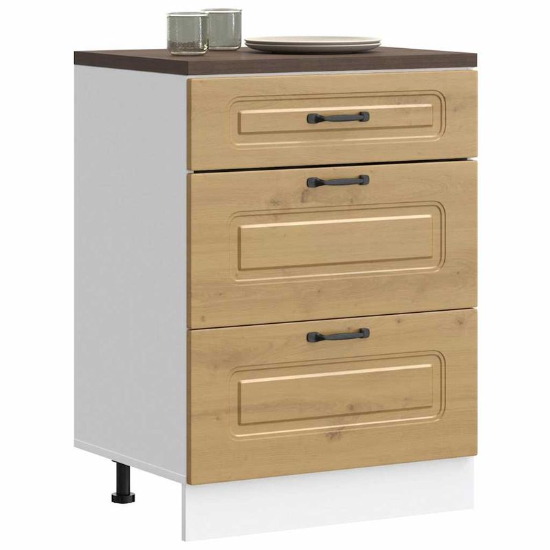 Casa si Gradina - Mobilier - Comode si corpuri - Corpuri bucatarie - Dulap de baza de bucatarie „Kalmar” stejar artizanal lemn, model 1x dulap inferior (3 sertare), mărime 60x46x81.5 cm - Infinity.ro