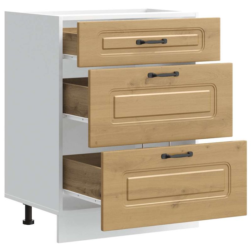 Casa si Gradina - Mobilier - Comode si corpuri - Corpuri bucatarie - Dulap de baza de bucatarie „Kalmar” stejar artizanal lemn, model 1x dulap inferior (3 sertare), mărime 60x46x81.5 cm - Infinity.ro