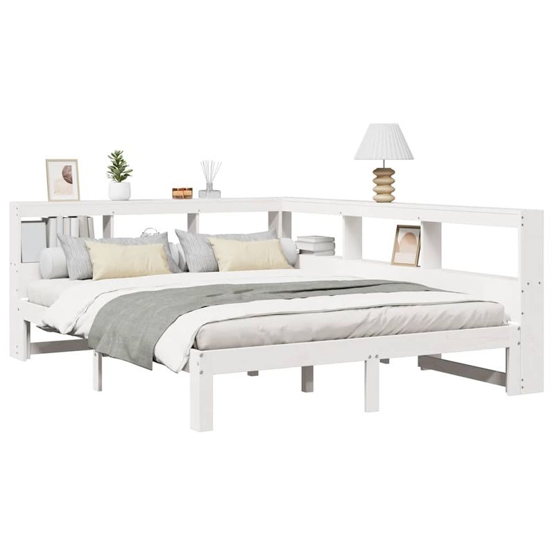 Casa si Gradina - Mobilier - Paturi si accesorii - Paturi - Pat cu biblioteca fara saltea, alb, 150x200 cm, lemn masiv pin - Infinity.ro