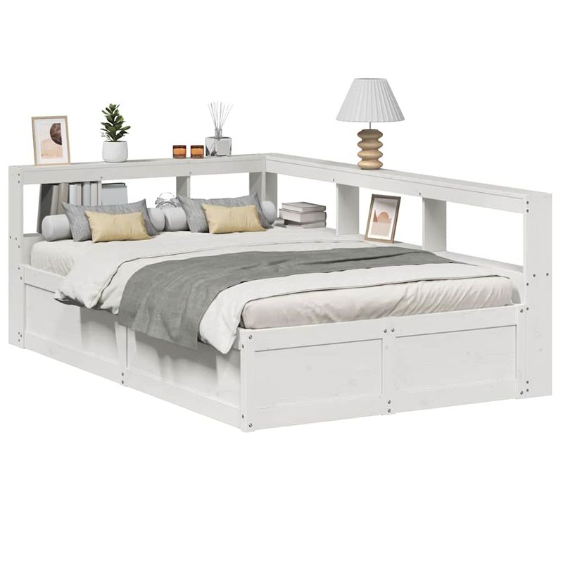 Casa si Gradina - Mobilier - Paturi si accesorii - Paturi - Pat cu biblioteca fara saltea, alb, 140x190 cm, lemn masiv pin - Infinity.ro