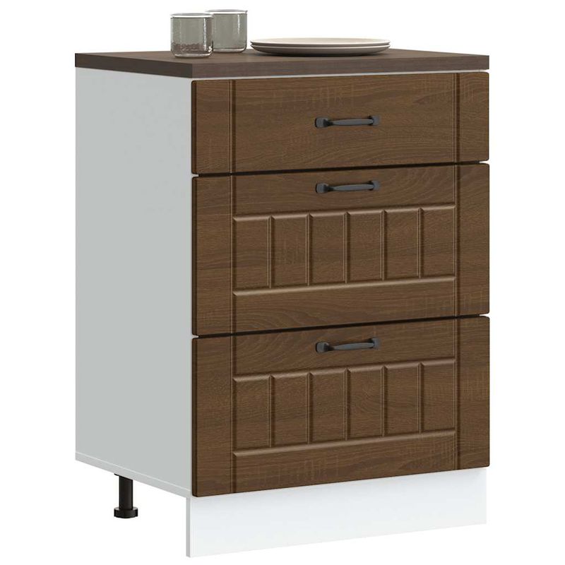 Casa si Gradina - Mobilier - Comode si corpuri - Corpuri bucatarie - Dulap de baza de bucatarie „Lucca” din lemn de stejar maro, mărime 60x46x81.5 cm, model 1x dulap inferior (3 sertare) - Infinity.ro