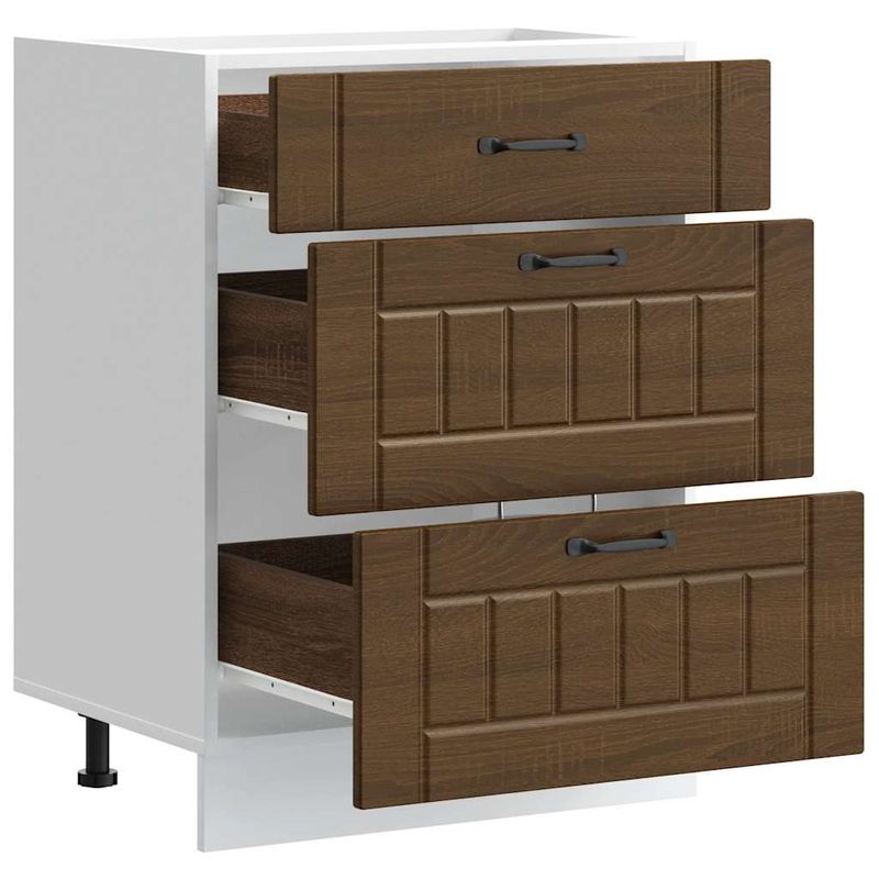 Casa si Gradina - Mobilier - Comode si corpuri - Corpuri bucatarie - Dulap de baza de bucatarie „Lucca” din lemn de stejar maro, mărime 60x46x81.5 cm, model 1x dulap inferior (3 sertare) - Infinity.ro