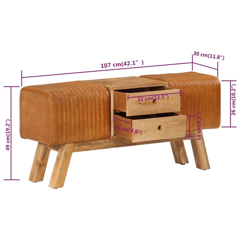 Casa si Gradina - Mobilier - Canapele si coltare - Banchete - Banca Bok maro, 107 cm, piele naturala capra / lemn masiv mango - Infinity.ro