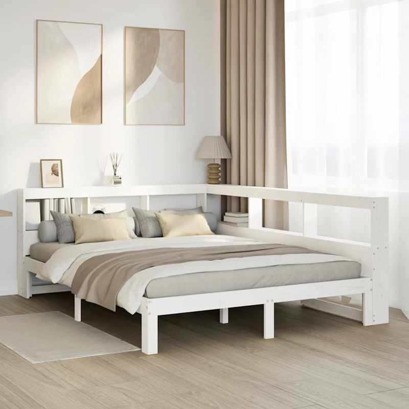 Casa si Gradina - Mobilier - Paturi si accesorii - Paturi - Pat cu biblioteca fara saltea, alb, 140x200 cm, lemn masiv pin - Infinity.ro