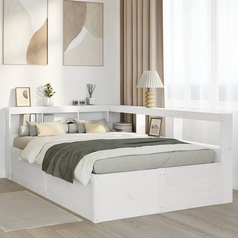 Casa si Gradina - Mobilier - Paturi si accesorii - Paturi - Pat cu biblioteca fara saltea, alb, 120x190 cm, lemn masiv pin - Infinity.ro