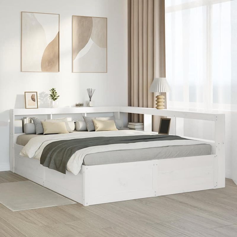 Casa si Gradina - Mobilier - Paturi si accesorii - Paturi - Pat cu biblioteca fara saltea, alb, 150x200 cm, lemn masiv pin - Infinity.ro