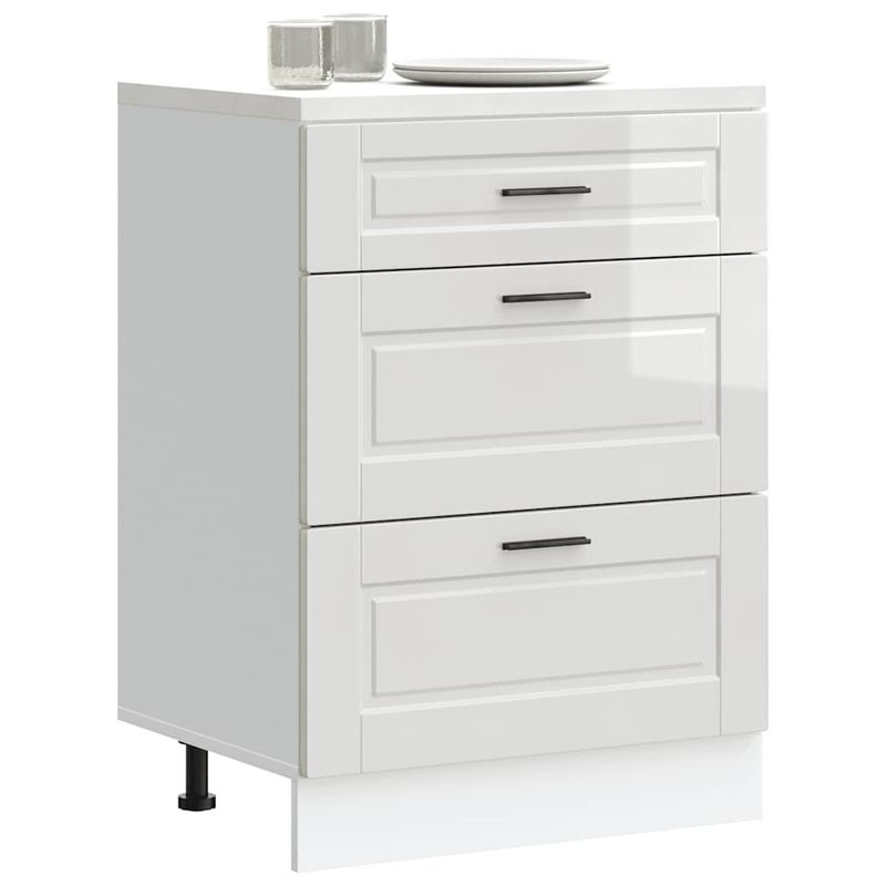 Casa si Gradina - Mobilier - Comode si corpuri - Corpuri bucatarie - Dulap baza de bucatarie „Porto” din lemn prelucrat alb lucios, mărime 60x46x81.5 cm, model 1x dulap inferior (3 sertare) - Infinity.ro