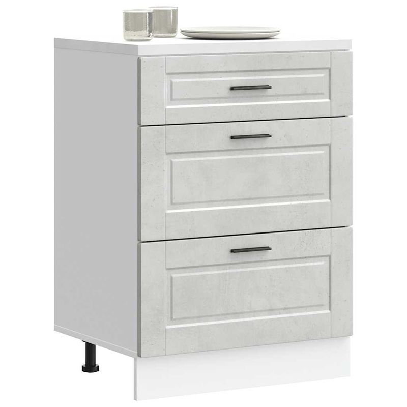 Casa si Gradina - Mobilier - Comode si corpuri - Corpuri bucatarie - Dulap de baza de bucatarie „Porto” Lemn prelucrat gri beton, model 1x dulap inferior (3 sertare), mărime 60x46x81.5 cm - Infinity.ro