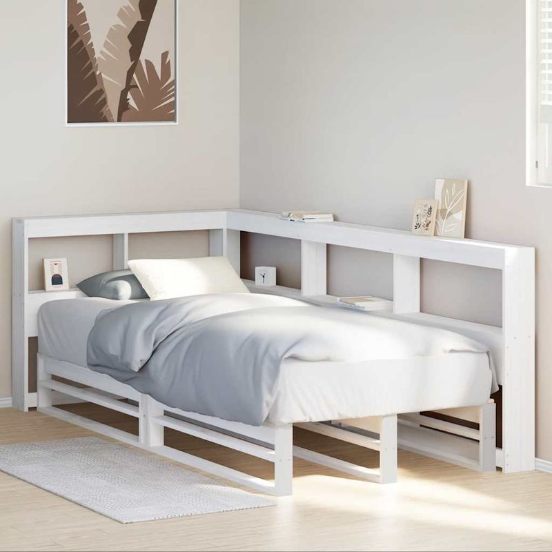 Casa si Gradina - Mobilier - Paturi si accesorii - Paturi - Pat cu biblioteca fara saltea, alb, 90x200 cm, lemn masiv pin - Infinity.ro