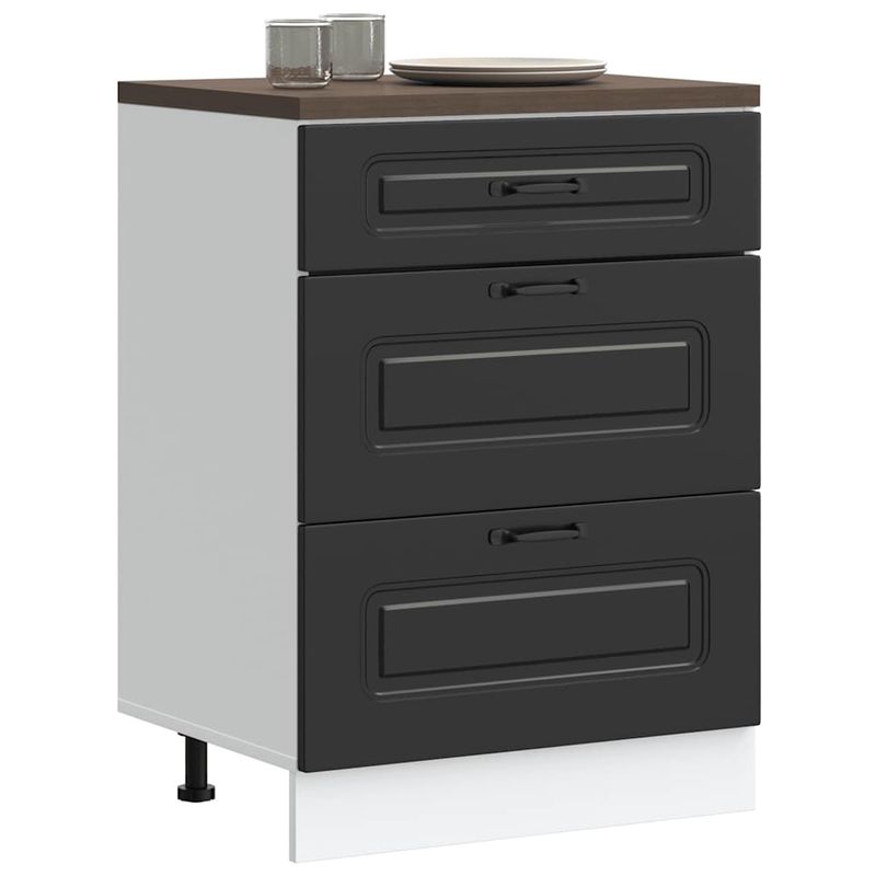Casa si Gradina - Mobilier - Comode si corpuri - Corpuri bucatarie - Dulap de baza de bucatarie „Kalmar” din lemn prelucrat negru, model 1x dulap inferior (3 sertare), mărime 60x46x81.5 cm - Infinity.ro