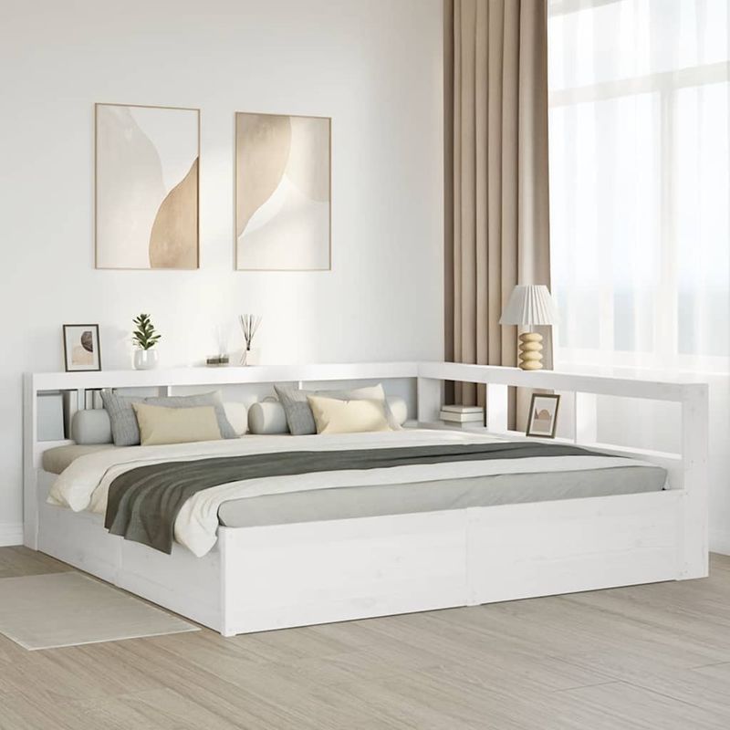 Casa si Gradina - Mobilier - Paturi si accesorii - Paturi - Pat cu biblioteca fara saltea, alb, 200x200 cm, lemn masiv pin - Infinity.ro