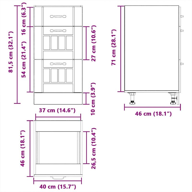 Casa si Gradina - Mobilier - Comode si corpuri - Corpuri bucatarie - Dulap de baza de bucatarie „Lucca” lemn prelucrat alb lucios, mărime 40x46x81.5 cm, model 1x dulap inferior (3 sertare) - Infinity.ro