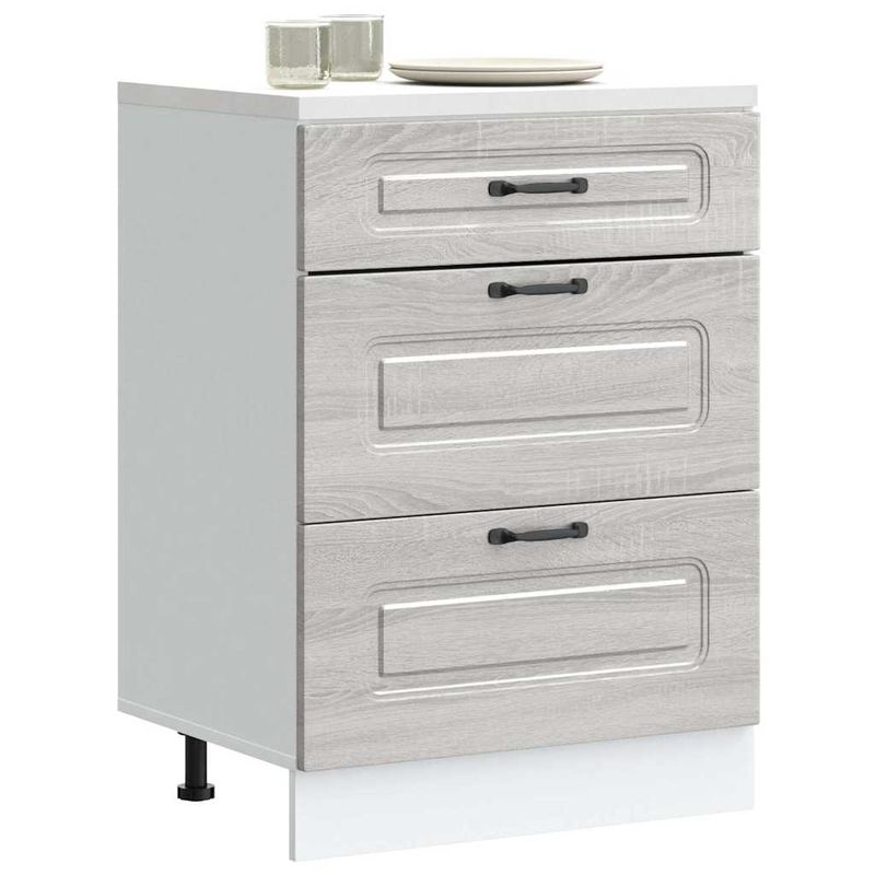 Casa si Gradina - Mobilier - Comode si corpuri - Corpuri bucatarie - Dulap de baza de bucatarie „Kalmar” Lemn prelucrat Sonoma gri, model 1x dulap inferior (3 sertare), mărime 60x46x81.5 cm - Infinity.ro