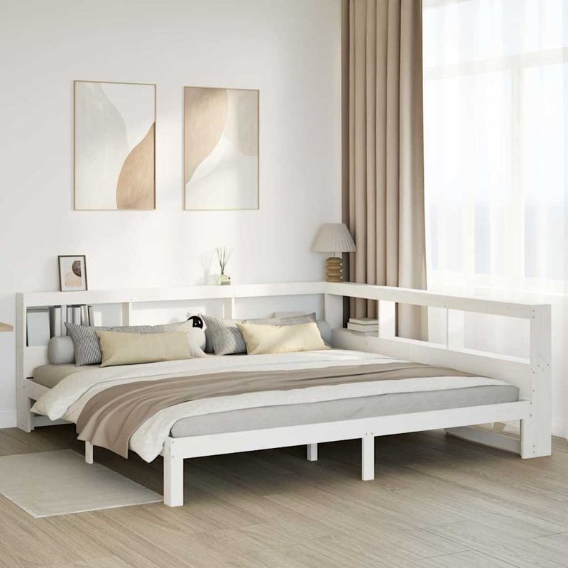 Casa si Gradina - Mobilier - Paturi si accesorii - Paturi - Pat cu biblioteca fara saltea, alb, 200x200 cm, lemn masiv pin - Infinity.ro