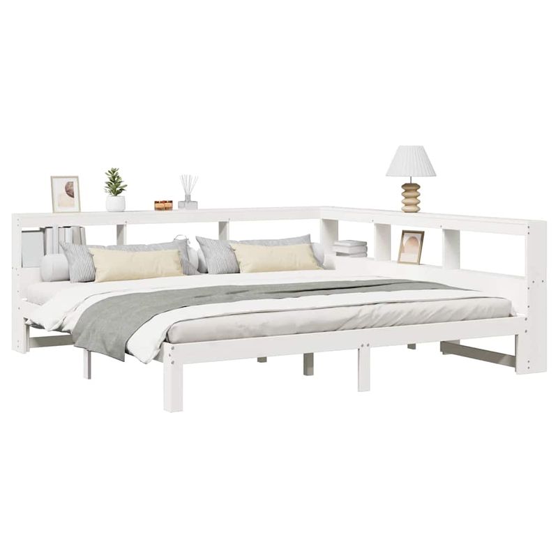 Casa si Gradina - Mobilier - Paturi si accesorii - Paturi - Pat cu biblioteca fara saltea, alb, 200x200 cm, lemn masiv pin - Infinity.ro