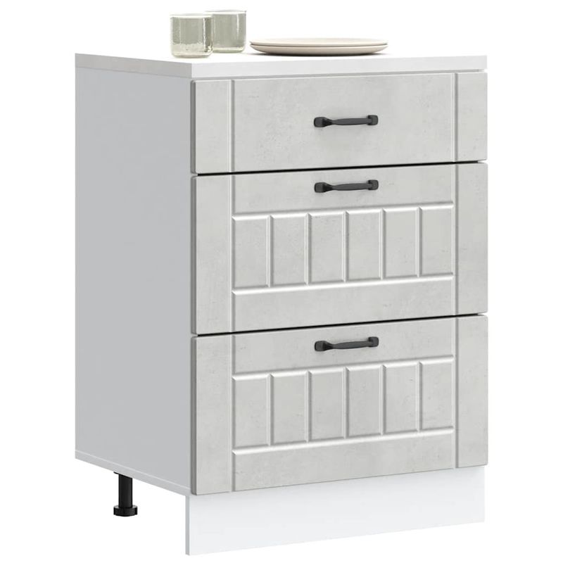 Casa si Gradina - Mobilier - Comode si corpuri - Corpuri bucatarie - Dulap de bucatarie „Lucca” Lemn prelucrat gri beton, model 1x dulap inferior (3 sertare), mărime 60x46x81.5 cm - Infinity.ro