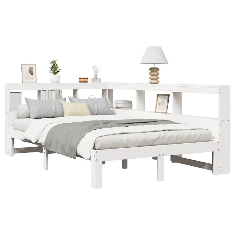 Casa si Gradina - Mobilier - Paturi si accesorii - Paturi - Pat cu biblioteca fara saltea, alb, 120x190 cm, lemn masiv pin - Infinity.ro
