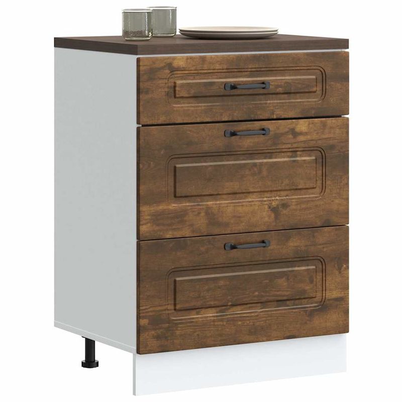 Casa si Gradina - Mobilier - Comode si corpuri - Corpuri bucatarie - Dulap de bucatarie „Kalmar” din lemn de lemn de stejar afumat, model 1x dulap inferior (3 sertare), mărime 60x46x81.5 cm - Infinity.ro