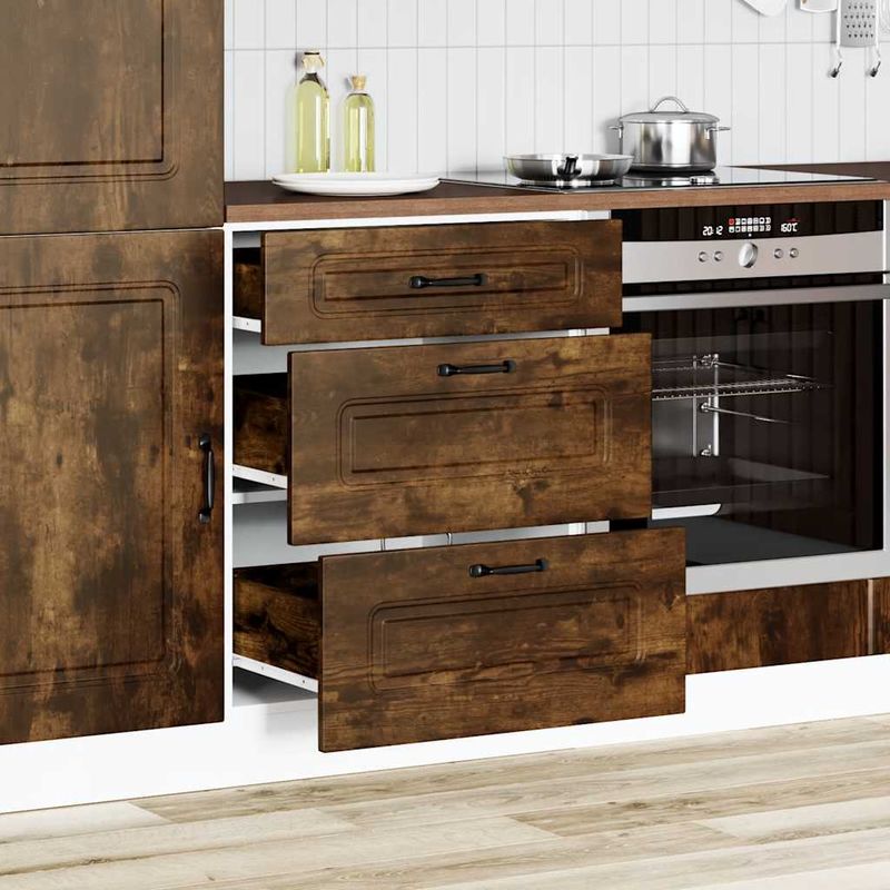 Casa si Gradina - Mobilier - Comode si corpuri - Corpuri bucatarie - Dulap de bucatarie „Kalmar” din lemn de lemn de stejar afumat, model 1x dulap inferior (3 sertare), mărime 60x46x81.5 cm - Infinity.ro