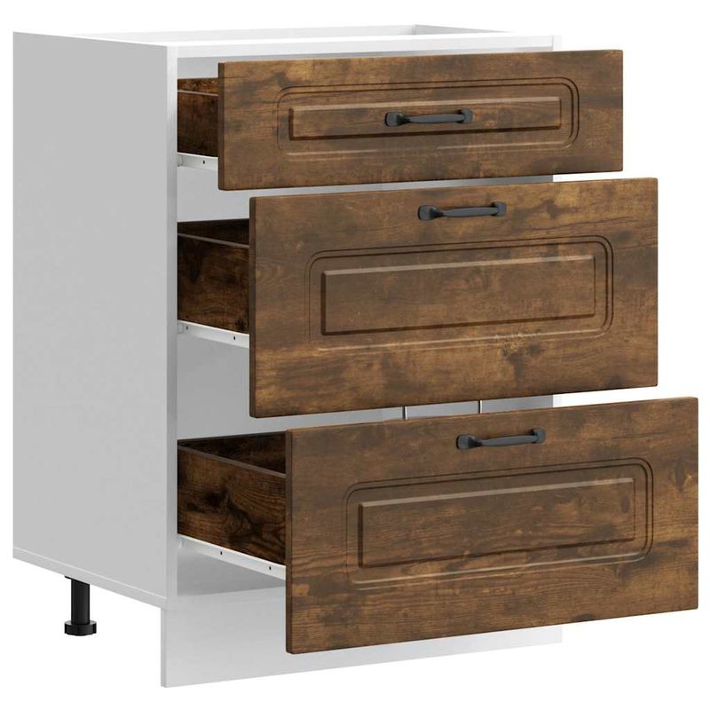 Casa si Gradina - Mobilier - Comode si corpuri - Corpuri bucatarie - Dulap de bucatarie „Kalmar” din lemn de lemn de stejar afumat, model 1x dulap inferior (3 sertare), mărime 60x46x81.5 cm - Infinity.ro